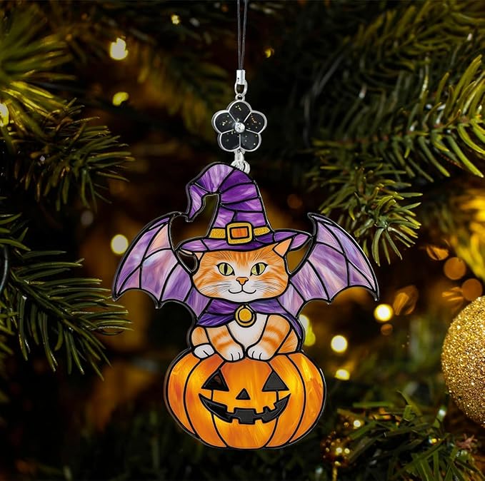 Halloween Cat Pumpkin Stained Glass Style Ornament, Acrylic Window Hanging Suncatcher Decoration, Cute Witch Cat on Jack O’Lantern Decor for Christmas Tree, Garden, Gift for Women Mom Birthday Holiday