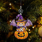 Halloween Cat Pumpkin Stained Glass Style Ornament, Acrylic Window Hanging Suncatcher Decoration, Cute Witch Cat on Jack O’Lantern Decor for Christmas Tree, Garden, Gift for Women Mom Birthday Holiday