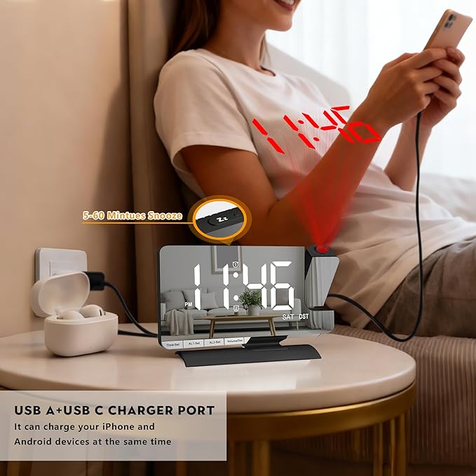 Amgico Projection Alarm Clock,Digital Clock with Projection,7.3" Mirror Clock with 180°Rotating Projector,Dual Alarm with 3 Mode,Bright Adjust,DST,Snooze,Charging Port,5 Levels Volume for Desk Teens