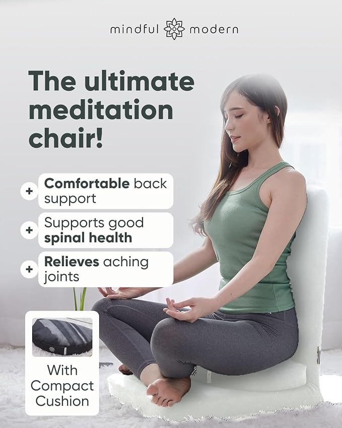 Mindful Modern Folding Pro Meditation Chair - Adjustable Meditation Seat with Back Support and Half Moon Buckwheat Meditation Cushion - Comfortable Mindfulness Living Room Floor Chair