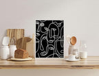 Abstract Face Pattern Wall Art Black Background White Continuous Line Drawing 11x14 Inch Oak Wood White Framed Modern Diverse Portrait for Living Room Decor