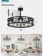 LEDIARY 30 inch Fandelier Caged Ceiling Fan with Light, Bladeless Ceiling Fan with Remote, Farmhouse Fan Lights Ceiling Fixtures for Kitchen, Bedroom, Outdoor(6 Speed, Timing)-Black