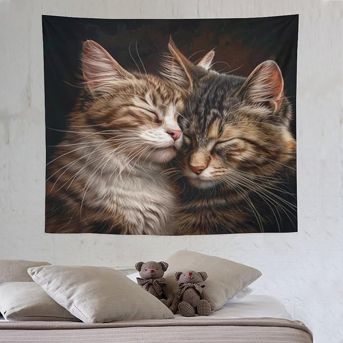 VUMIVI Cat Tapestry Adorable Animals Two Kittens Snuggling Together Vintage Print Realistic Design Tapestry Wall Hanging for Living Room Bedroom Dorm Classroom Aesthetic Decor W60xL50in