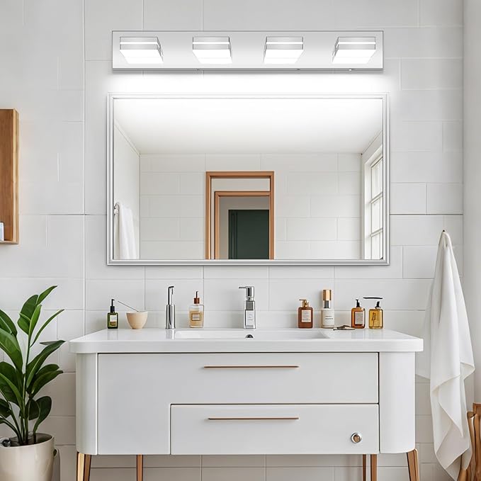 Bathroom Vanity Lighting Fixtures Over Mirror (4-Light, 30-Inch) Dimmable Modern LED Bathroom Wall Lighting Fixtures, Chrome ((3000K/3500K/4000K/5000K/6000K)