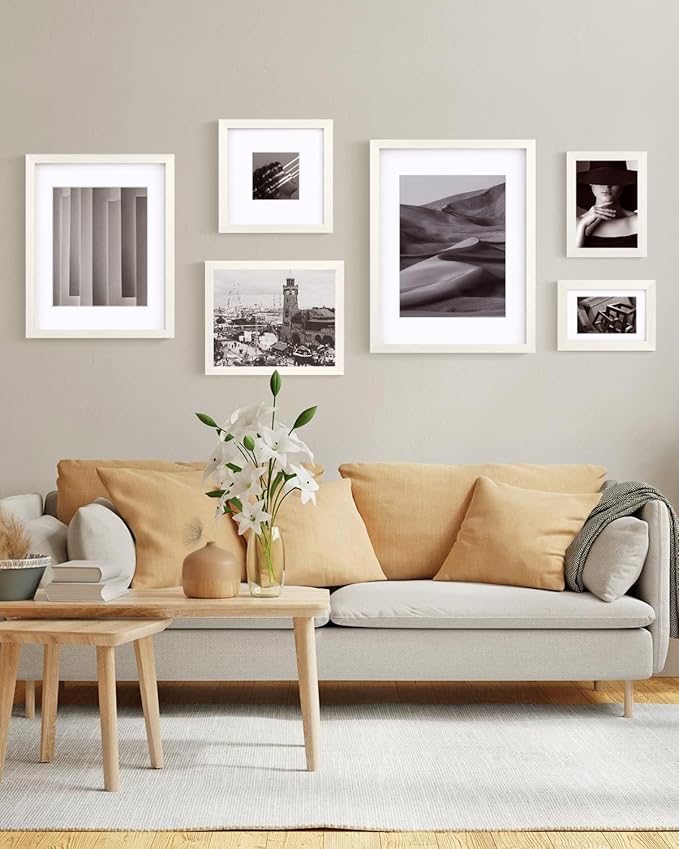 Egofine 5x7 Picture Frames Set of 4, Made of Solid Wood Covered by Plexiglass 3.5x5 and 4x6 with Mat or 5x7 without Mat, for Table Top Display and Wall Mounting Photo Frame Beige