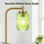 Vintage Glass Floor Lamp for Living Room, Bedroom, Modern Green Ribbed Glass Standing Lamp with Pedal Switch, 67'' Tall, Brushed Gold