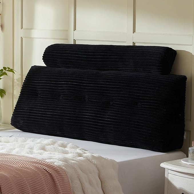 Headboard Wedge Pillow + A Long Neck Roll Pillow Body Pillow，Large Headboard Pillow with Removable Cover (Black, Queen：59x8x20 inches)
