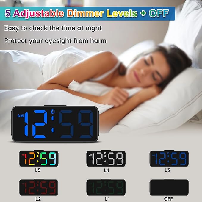 Peakeep Small Tiny Digital Alarm Clock Plug in for Kids Bedroom Bedside Nightstand, RGB Colorful Changing Large Display for Travel, Dimmable 6 Brightness, Corded Electric Battery Backup (Black - RGB)