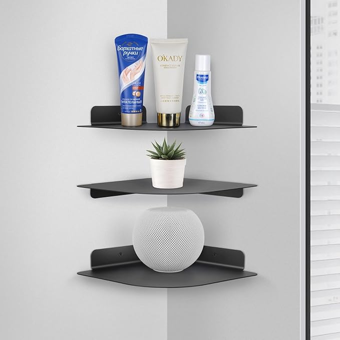 8" Floating Corner Shelf, Metal Corner Shelf Wall Mount for Wall Storage, for Smart Home, Speakers, Internet Router, Security Camera - for Bathroom, Kitchen, Bedroom, and Living Room (Black)