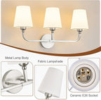 Kvhilw Bathroom Vanity Light, Brushed Nickel Bathroom Light Fixtures, 3-Light Lighting Fixtures Over Miror, Modern Wall Sconce with Flared White Fabric Shade, E26 Socket(ETL Listed)