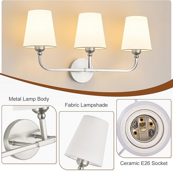 Kvhilw Bathroom Vanity Light, Brushed Nickel Bathroom Light Fixtures, 3-Light Lighting Fixtures Over Miror, Modern Wall Sconce with Flared White Fabric Shade, E26 Socket(ETL Listed)