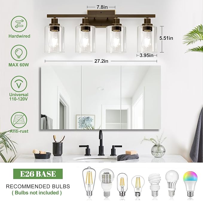 4-Light Bathroom Light Fixtures, Vanity Light with Clear Glass Shades, Oil-Rubbed Bronze Bathroom Light Fixtures Over Mirror, Modern Bathroom Wall Lamp for Mirror Living Room Cabinet Bedroom