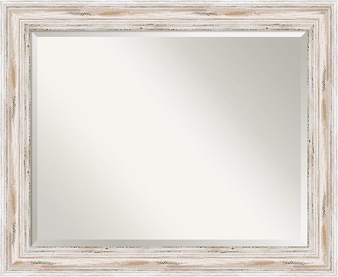 Amanti Art White Wall Mirror 27x33 Alexandria White Wash Rectangle Bathroom Mirror for Wall Decor Living Room, Large Cottage Wood Frame, Hangs Horizonally and Vertically, Bathroom Decor, Beveled Edge