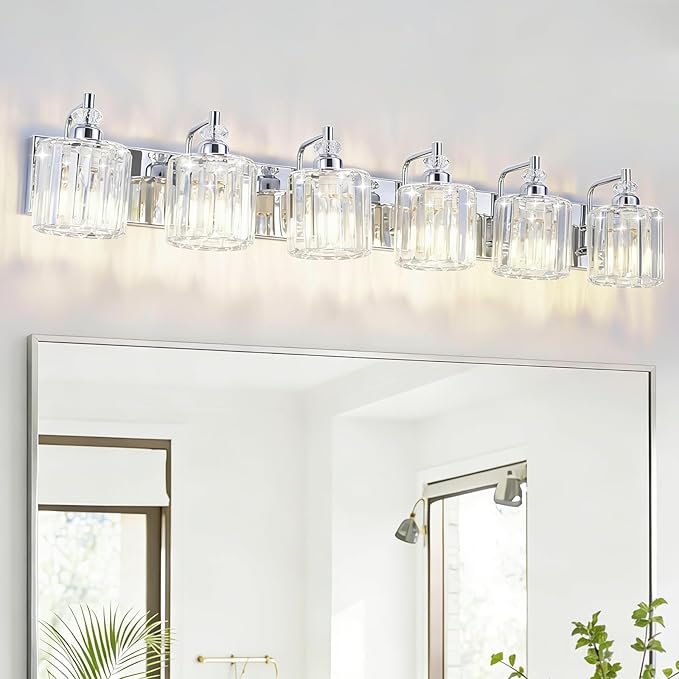 6-Light Modern Bathroom Light Fixture Chrome Bathroom Vanity Lights Over Mirror Wall Sconce Lighting with K9 Crystal Shades E26 Base for Bedroom, Living Room, Hallway Wall Lamp