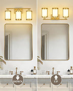 3-Light Brushed Gold Bathroom Light Fixtures with Milk Frosted Glass, 21" Modern Bathroom Vanity Lighting Fixtures Over Mirror with Metal Cage, Wall Sconce Lights for Bath, E26, OS-3014BGW-3W