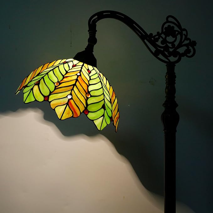 Tiffany Floor Lamp Stained Glass Lamp 18.88X12X67 Inch Angle Adjustable Arched Gooseneck Antique Reading Light (Amber Green Beach Coconut Tree)