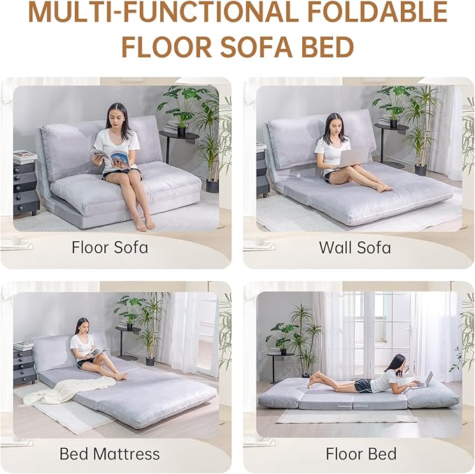 Bean Bag Chairs for Adults,Folding Sofa Bed,Floor Couch Bed, Foam Filling Fold Floor Mattress with Washable Soft Faux Fur Cover, Leisure Floor Couch for Bedroom Living Room(Grey, Double)