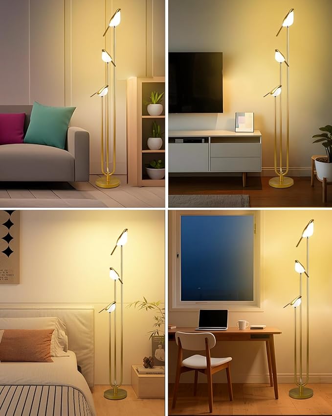 Lightdot Gold Floor Lamp for Living Room Modern Mid Century Standing Light with 3 Adjustable LED Bird Lights for Wedding Party Unique Tall Floor Lamp for Bedroom Kids Room/Sofa Beside/Corner Decor