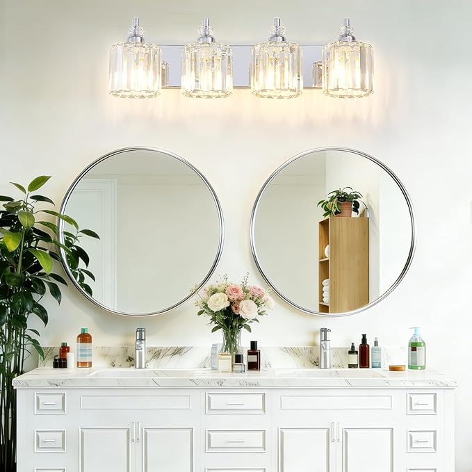 4-Light Modern Bathroom Light Fixture Chrome Bathroom Vanity Lights Over Mirror Wall Sconce Lighting with K9 Crystal Shades E26 Base for Bedroom, Living Room, Hallway, Cabinet Wall Lamp
