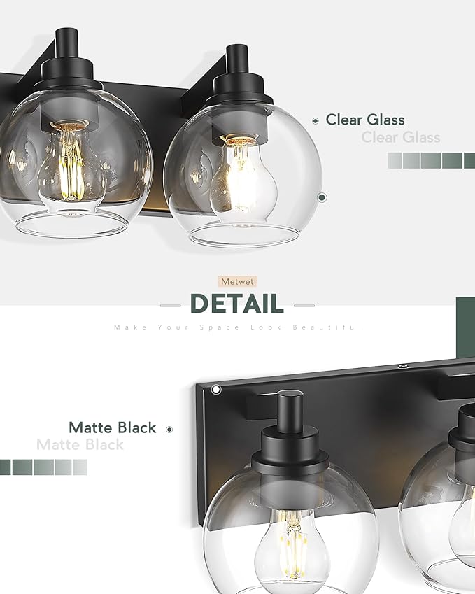 Bathroom Light Fixtures, 6 Light Matte Black Vanity Light, 38 Inch Modern Wall Sconces with Globe Clear Glass Shade, Vanity Lighting Fixtures Over Mirror, VL195-MB-6
