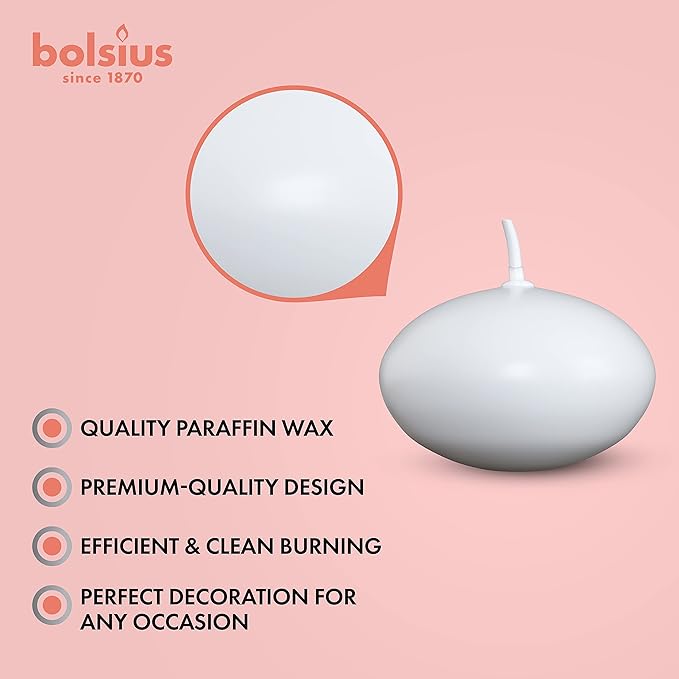Bolsius White Floating Candles 20 Count - 1.75 Inch, 5 Hour Long Lasting Candle Set Romantic Decoration for Special Night, Pool, Party, Wedding, Cylinder Vases for Centerpiece