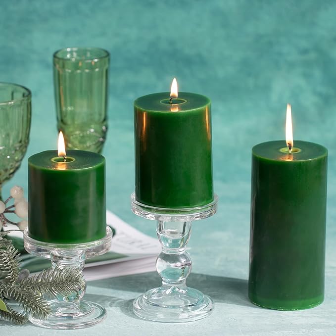 KONNI Navy Green Pillar Candles Set of 3, 3"x 4" Unscented Pillar Candles Bulk, 39 Hours Long Burning Candles, Smokeless&Dripless Large Round Candle for Wedding, Home Decoration, Parties, Spas, Dinner