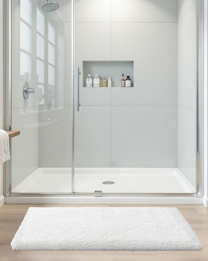 ILANGO White Bathroom Rugs 36" × 24" Non Slip & Super Absorbent Extra Thick Soft, Washable Bath Mat for Floor, Non Shedding Microfiber Plush Shaggy Bath Rug with Rubber for Bathtub Shower Room Sink