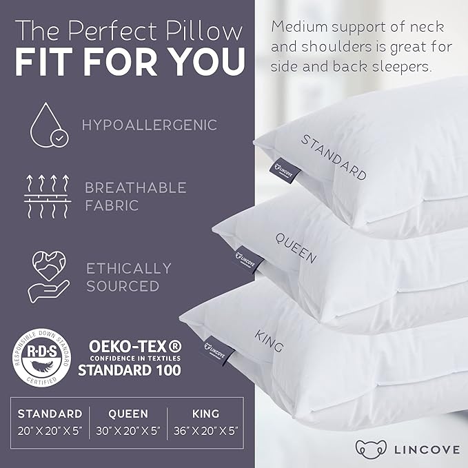 Lincove Down and Feather Luxury Hotel Collection Bed Pillows for Sleeping Made in The USA - 100% Cotton Shell, 600 Thread Count - Soft Hypoallergenic (Queen Size, Pack of 1)