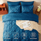 CozyLux Queen Comforter Set Teal, 7 Pieces Pintuck Bed in A Bag, Premium Teal Comforter Queen Size, Pinch Pleat Bedding Sets with Comforter, Sheets, Pillowcases & Shams