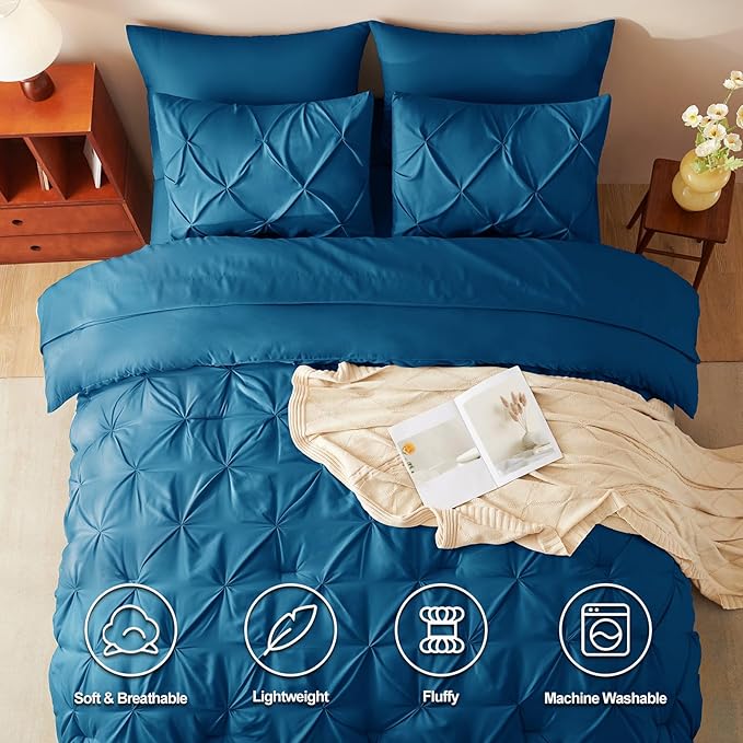 CozyLux Full Size Comforter Sets Teal, 7 Pieces Pintuck Bed in A Bag Teal Comforter Full Size, Pinch Pleat Bedding Sets with All Season Comforter, Sheets, Pillowcases & Shams