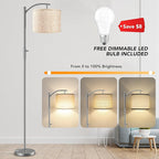 Dimmable Floor Lamp, Arc Floor Lamps for Living Room, Stepless Dimming Modern Standing Lamp with Linen Shade, Tall Lamp for Bedroom Office Dining Room- Silver
