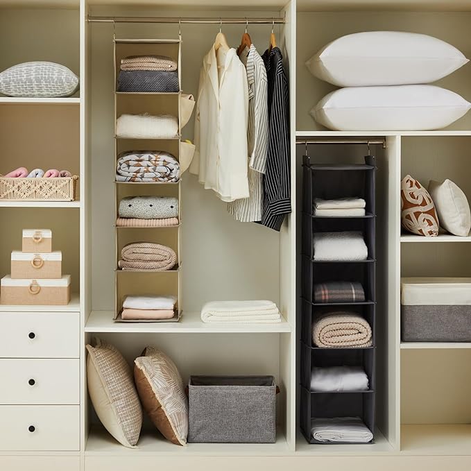 YOUDENOVA Hanging Closet Organizer, 6-Shelf Closet Hanging Storage with Side Pockets, Beige | with Side Pockets