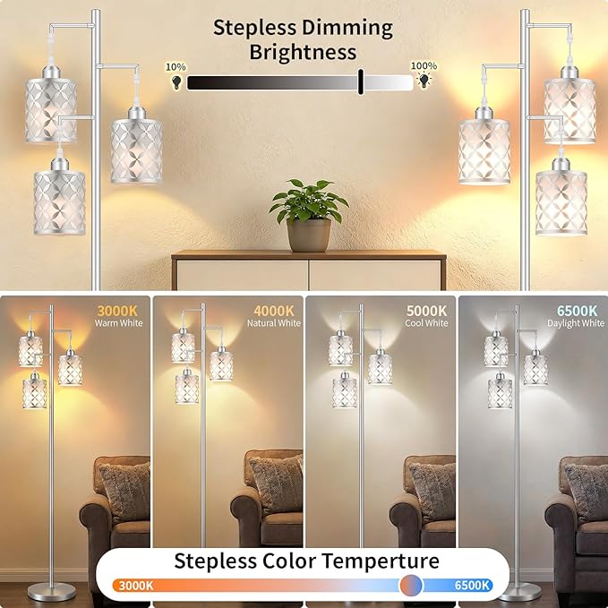 New Upgraded 72" Tall Dimmable Floor Lamp, 3 x 800LM 9W LED Bulbs Included, Farmhouse Standing Lamp with Remote Control, Industrial Tree Pole Floor Lamps for Living Room, Bedroom, Study Room - Silver