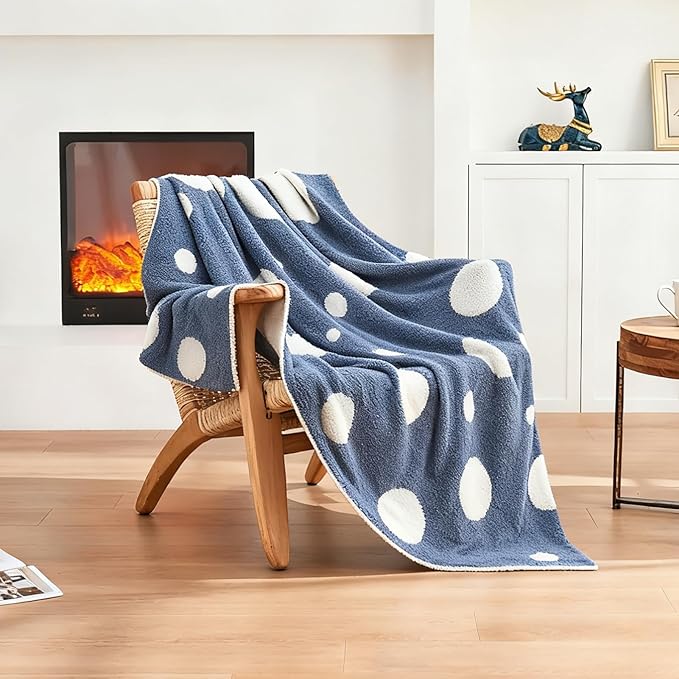 CozeCube Super Soft Fullfy Microfiber Reversible Knitted Blankets, Warm Cozy Fuzzy Plush Throw, Dusty Blue and White Polka Dot Throw Blanket for Couch Bed Sofa, 60" x 80"