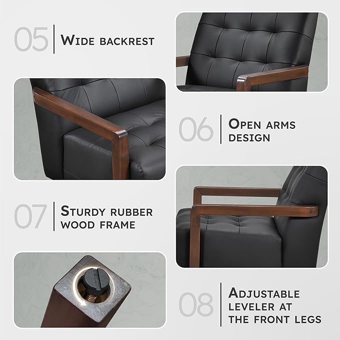 Lexicon Modern Accent Chair, Luxury Genuine Leather Match Living Room Chair with Tufted Cushions, Solid Wood Frame and Arm Rest, Comfy Upholstered Single Seat for Bedroom/Reading/Office, Black