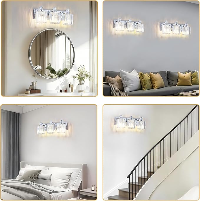 3-Light Modern Bathroom Light Fixture Chrome Vanity Lights Over Mirror Wall Sconce Lighting with K9 Crystal Shades Bathroom Wall Lamp E26 Base for Bedroom, Living Room, Hallway, Cabinet