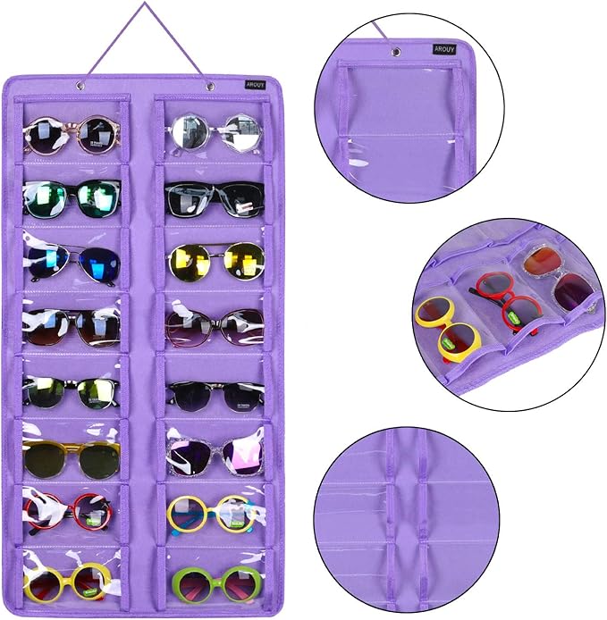 AROUY Sunglasses Organizer Storage, Hanging Dust Proof Wall Pocket Glasses Organizer - 16 Felt Slots Sunglass Organizer Holder with Metal Hook and Sturdy Rope (Dust Proof, Purple)