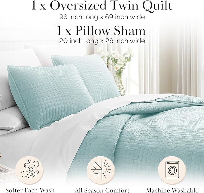 Southshore Fine Living, Inc. Twin Quilt Bedding Set, Soft Microfiber Coverlet Bedspread, Stain and Pet Hair Resistant Bedding, XL/Twin Blue Quilt Comforter Set with 1 Pillow Sham, Sky Blue