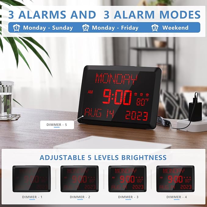 Raynic Digital Clock, 11.5" Large Display Digital Calendar Clock with Day and Date, Indoor Temperature, Adjustable Brightness, Snooze,12/24H, DST for Home, Office, Elderly