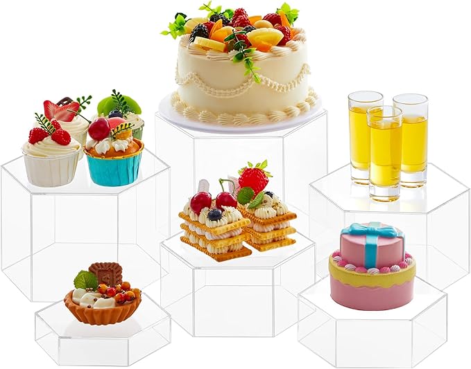 Leinuosen 6 Pcs Large Buffet Risers, 5.5 to 8 Inch Catering Dessert Table Risers Food Decorative Stands with hollow bottom for Catering Supplies, Party(Clear, Hexagonal)