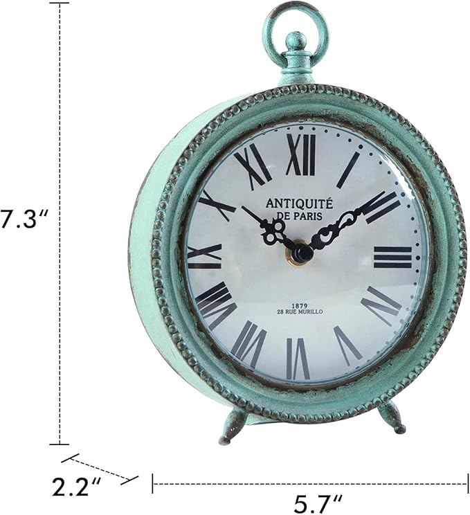 NIKKY HOME Antique Table Clock Silent Non-Ticking, Shelf Desk Top Clock Battery Operated Rustic Distressed Design, Shabby Chic Home Decor for Fireplace Mantel, Desktop, Countertop- Green