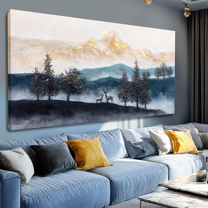 GAIDUOMAI Nature Wall Decorations For Living Room Navy Blue Mountain Tree Panting Gold Foil Artwork Modern Wall Prints for Dining Room Office 29"x58"