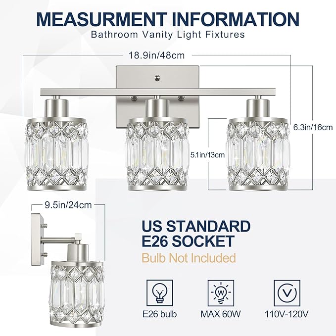 Crystal Modern Bathroom Light Fixtures, 3-Light Brushed Nickel Bathroom Vanity Wall Light, Vanity Lights for Mirror, Restroom, Bedroom (E26 Socket, Bulbs Not Included)