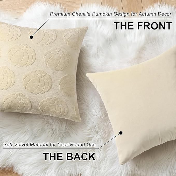 decorUhome Decorative Beige Pumpkin Thanksgiving Throw Pillow Covers 18x18 Set of 2, Soft Chenille Jacquard Farmhouse Textured Pillow Covers for Couch Bed Sofa Autumn Harvest Halloween Holiday