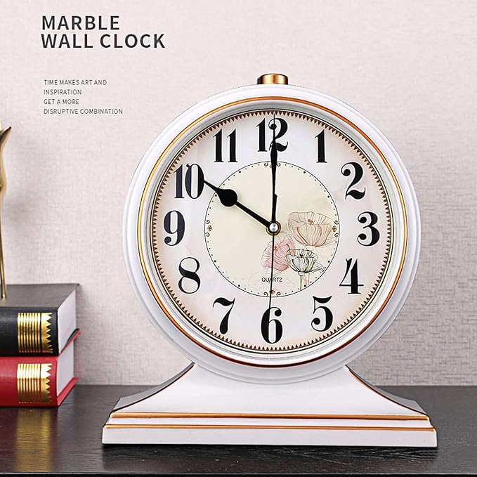 rnuie Desk Clock for Table Decor, Retro Mantel Clock Battery Operated for Fireplace Mantel, Living Room, Bedroom, Office, Desktop Decoration(White)