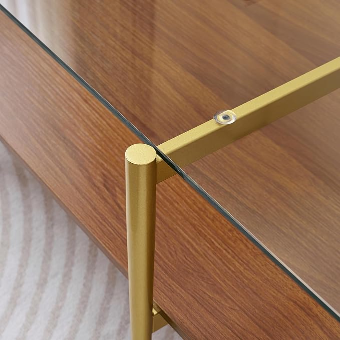 X-Large Rectangle Glass Coffee Table, Mid-Century Modern Design for Living Room, L47xW24xH17 inch, 2-Tier Structure, Clear Glass Top and Walnut MDF Shelf, Conical Metal Legs with Gold Finish