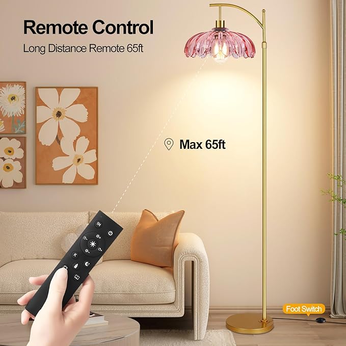 Pink Floor Lamp for Living Room,Bedroom,Gold Dimmable Standing Lamp with Remote,Mid Century Modern Brass Tall Lamp Boho Floor Lamps Arc Stained Glass Flower Floor Light Lamp Girls kids Bohemian