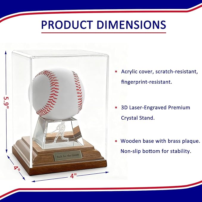 Baseball Display Case, Baseball Display Stand with LED Lights , Wooden Stand and a Bronze Medal,Cube Baseball Holder Display case, Acrylic Clear Ball Protector for Memorabilia Baseball Gifts