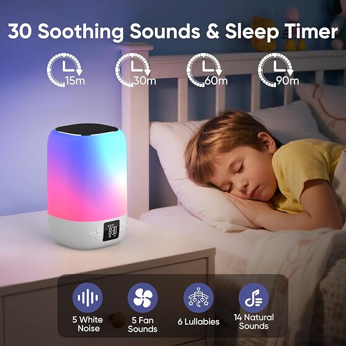 Night Light Bluetooth Speaker Alarm Clock, Sound Machine with White Noise, Touch Bedside Lamp for Bedroom, Dimmable Warm Light, 8 RGB Color Changing, Ideal Gift for 10-15 Year Old Teenage Boys Girls