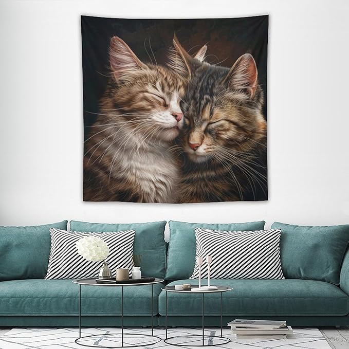 VUMIVI Cat Tapestry Adorable Animals Two Kittens Snuggling Together Vintage Print Realistic Design Tapestry Wall Hanging for Living Room Bedroom Dorm Classroom Aesthetic Decor W60xL60in